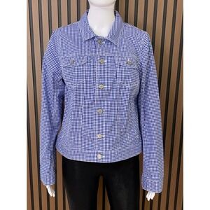 Talbots Women's Blue Gingham Check‎ Denim Style Jacket Size M Cotton Stretch